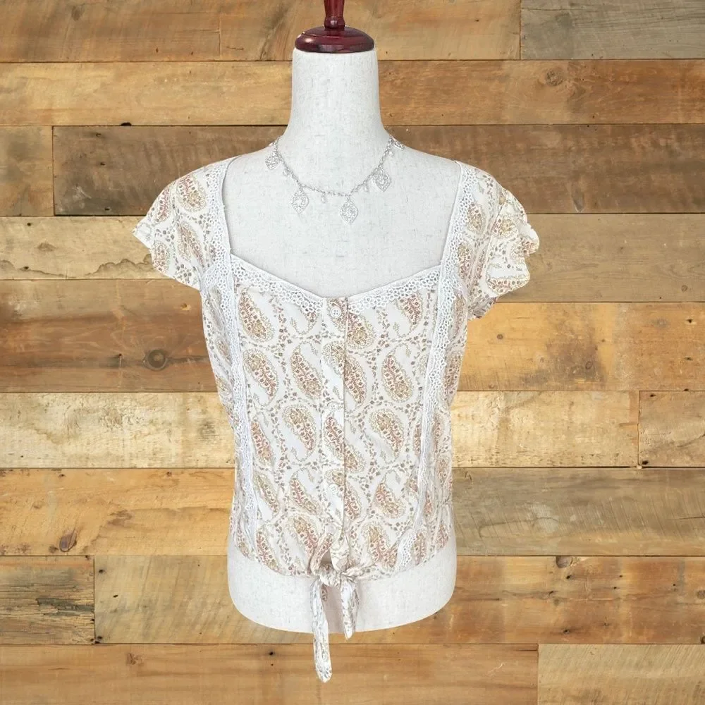NWT Self Esteem Short Sleeve Tie-Front Top Petal Sleeve Cream/Tan Small
